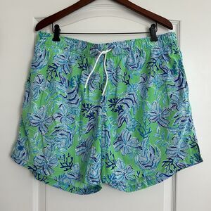 Lilly Pulitzer Mens Capri Trunks Swim Blue Green Size XL Front Tie Tropical 6”